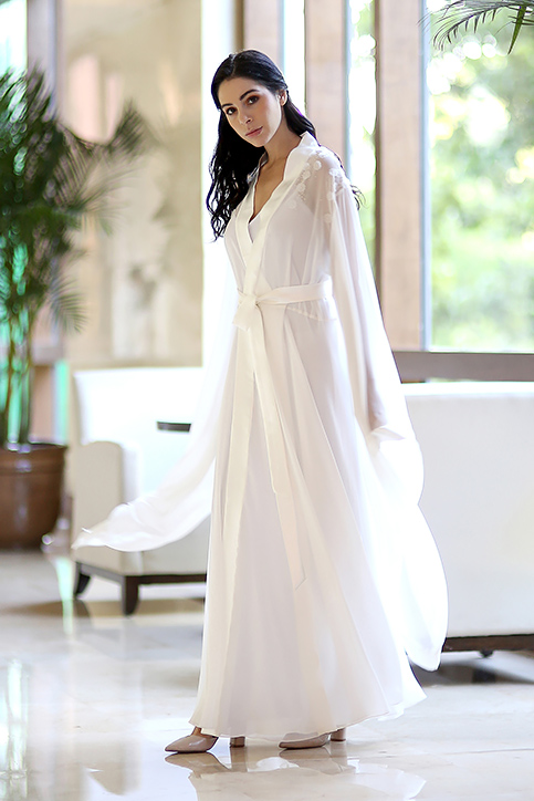 Model wearing Happy Andrada bridal robe