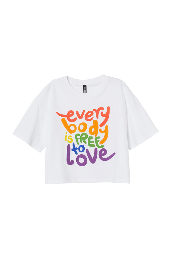 White boxy cropped top with "every body is free to love " statement in rainbow is part of H&M Unveils Love For All Collection