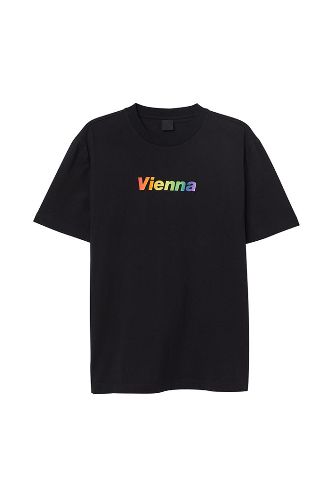 Black tshirt with "Vienna" icon in rainbow is part of H&M Unveils Love For All Collection