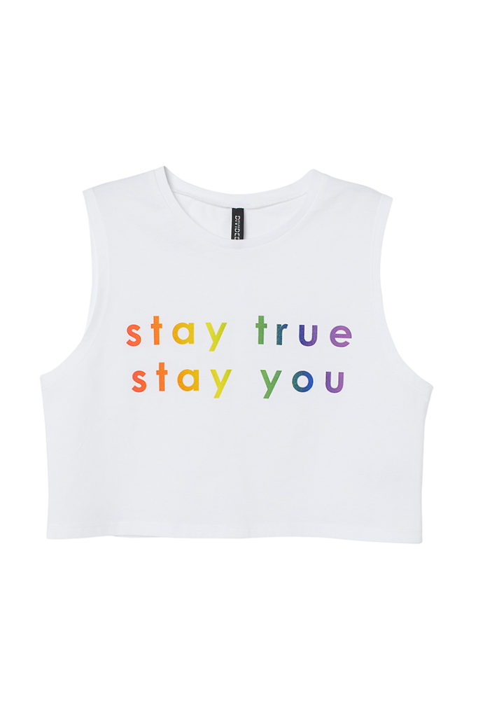 White cropped top with "Stay True, stay you" statement in rainbow is part of H&M Unveils Love For All Collection
