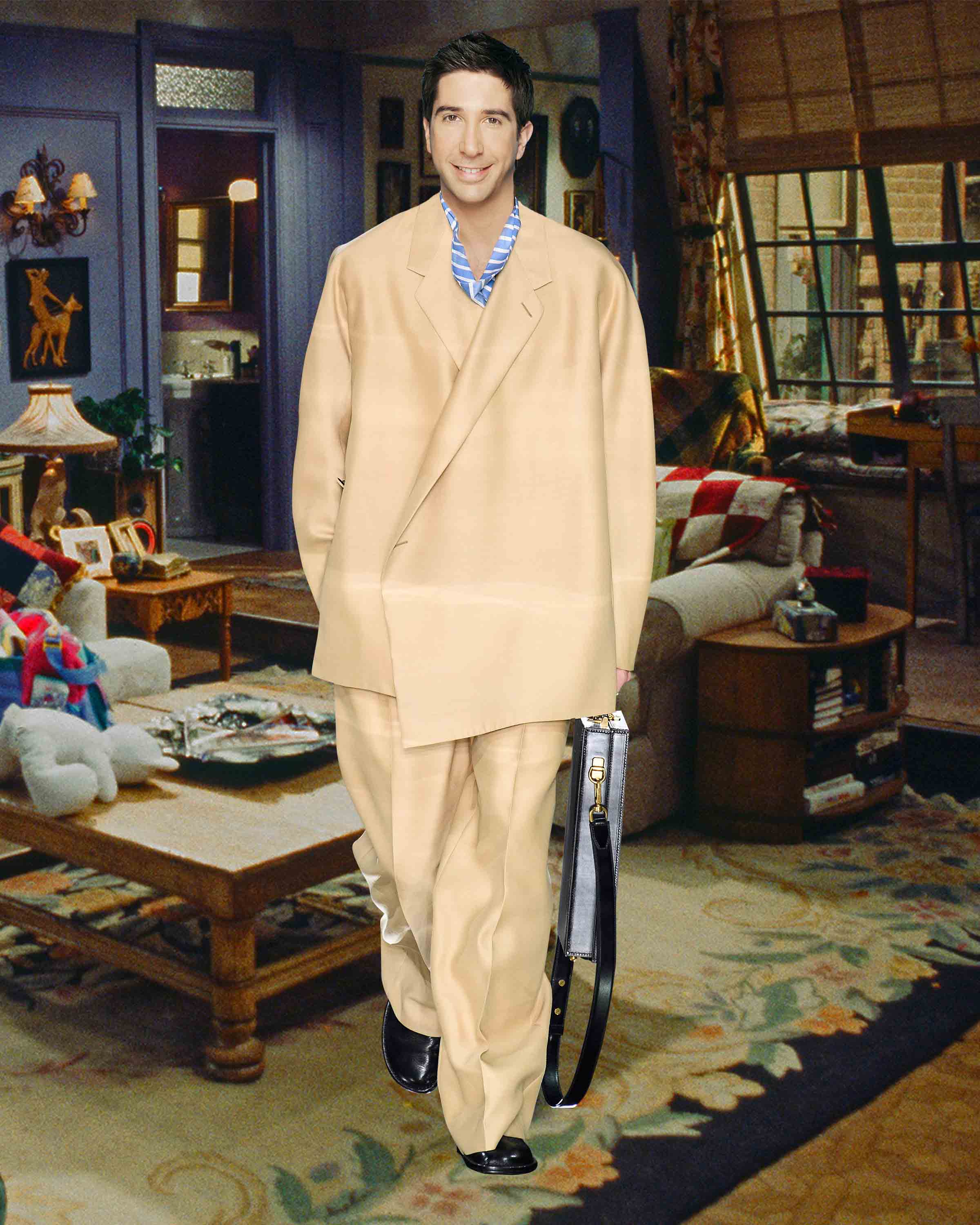 Ross Geller in a loose, tailored Dunhill SS '20 ensemble.