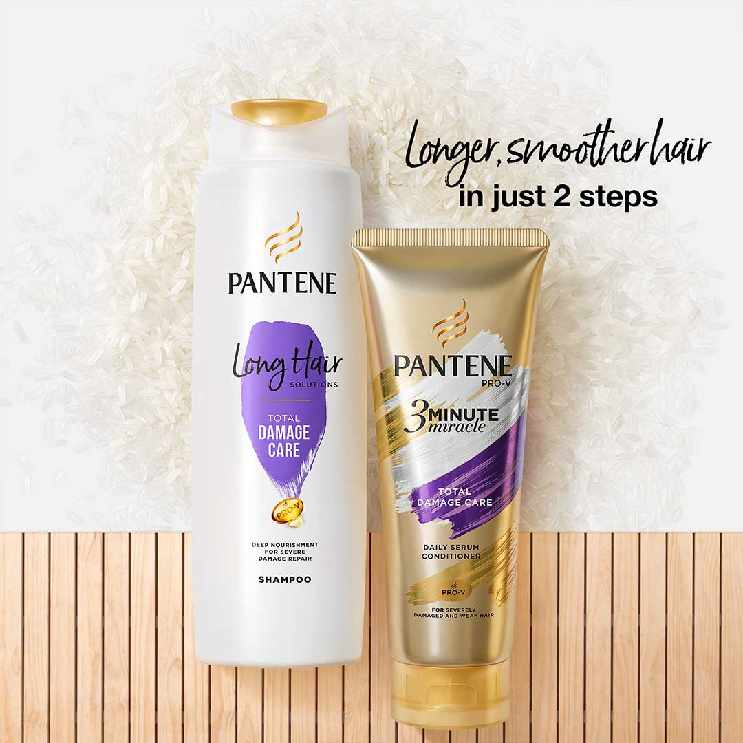 The Pantene Total Damage Care regimen consists of a shampoo and conditioner enriched with rice oil extract for deep nourishment and damage repair