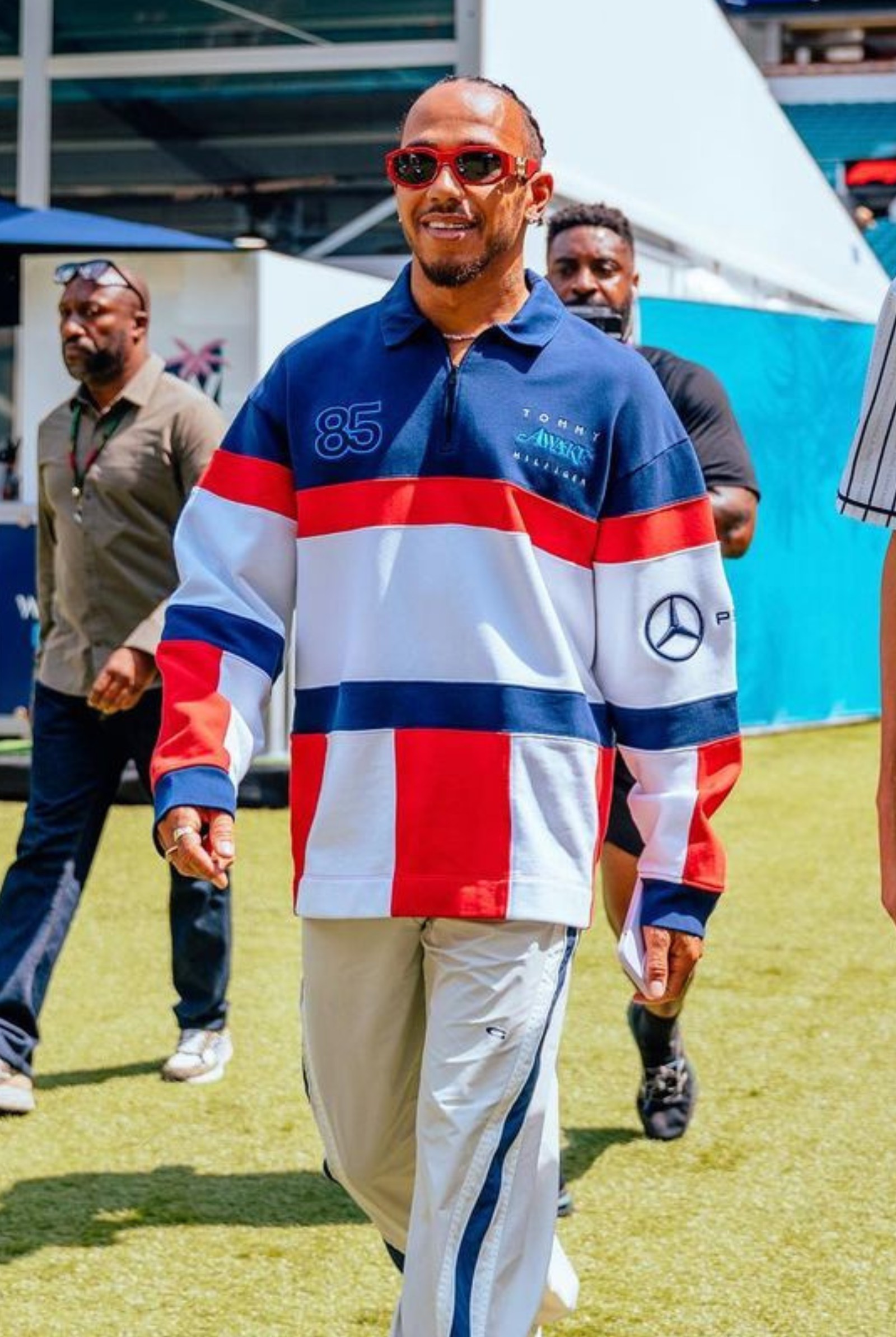 Lewis Hamilton wearing Tommy Hilfiger, Mercedes-AMG F1, and Awake NY collab