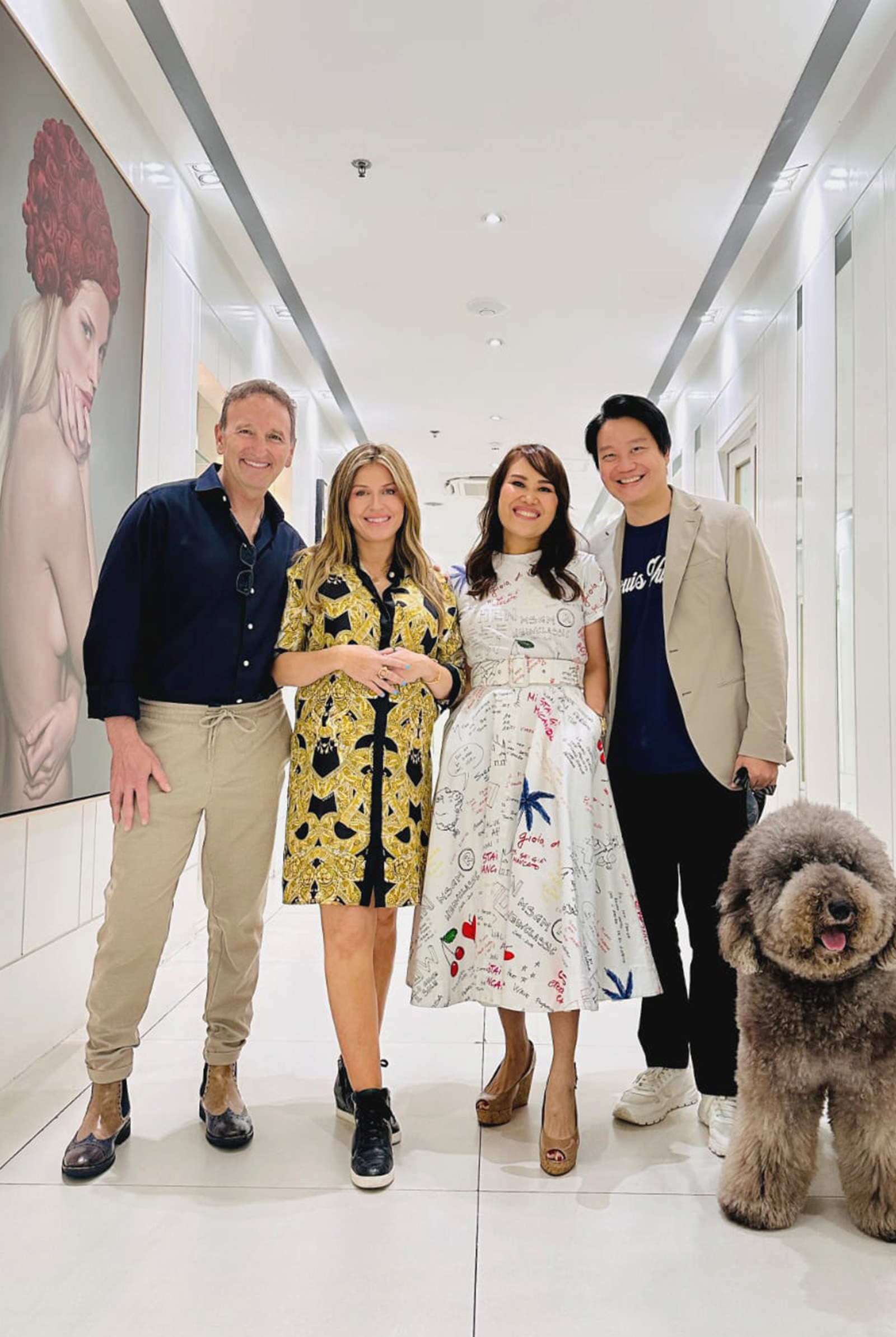 Dr. Steven Dayan, Dr. Sabrina Fabi, and Aivee Clinic's founding couple, Dr. Aivee Aguilar Teo and Dr. Z'Shen Teo, along with their dog Cairo