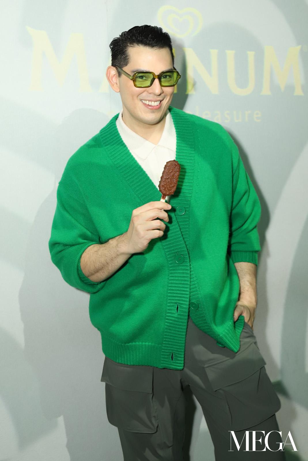 Magnum Philippines' Creative Director Raymond Gutierrez completes his matcha-inspired ensemble.