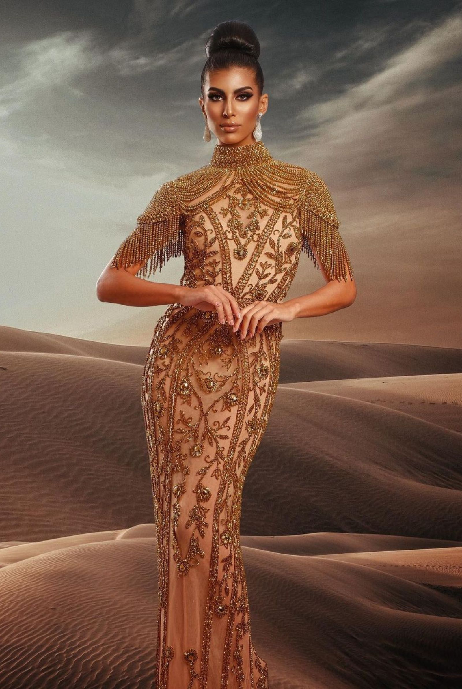 Mohra Tantawyn gold evening gown