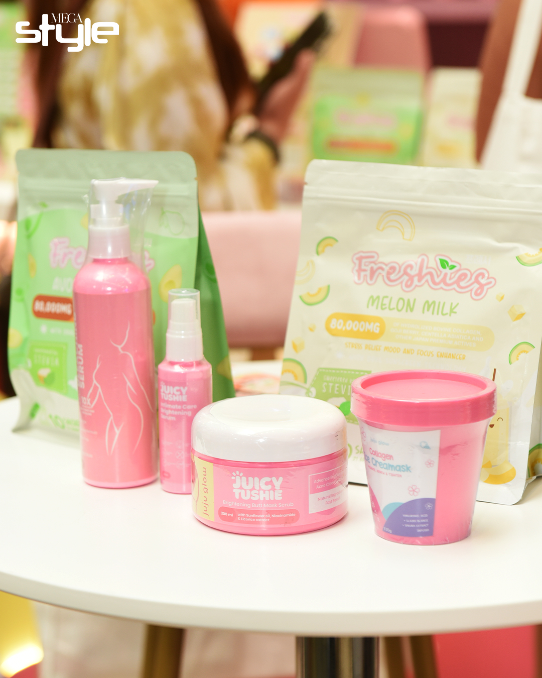Juicy Tushie with Body and Bleaching Serum, Juicy Tushie Intimate Care Brightening Serum, Juicy Tushie Brightening Butt Mask Scrub, Collagen Ice Cream Mask, and Freshies Melon Drink