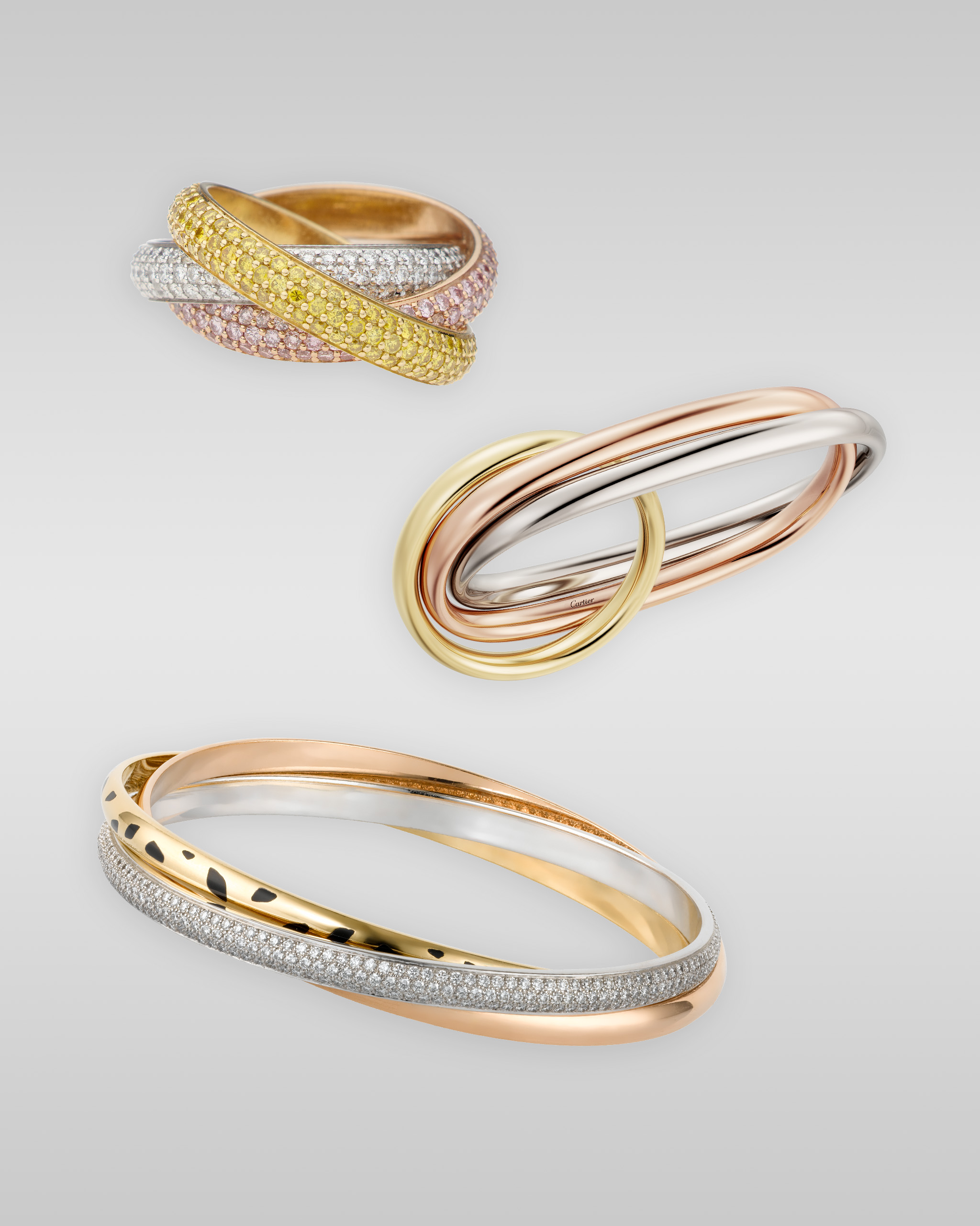 the trinity ring, chitose abe of sacai, trinity bracelet in white gold, rose gold, and yellow gold paved with diamonds
