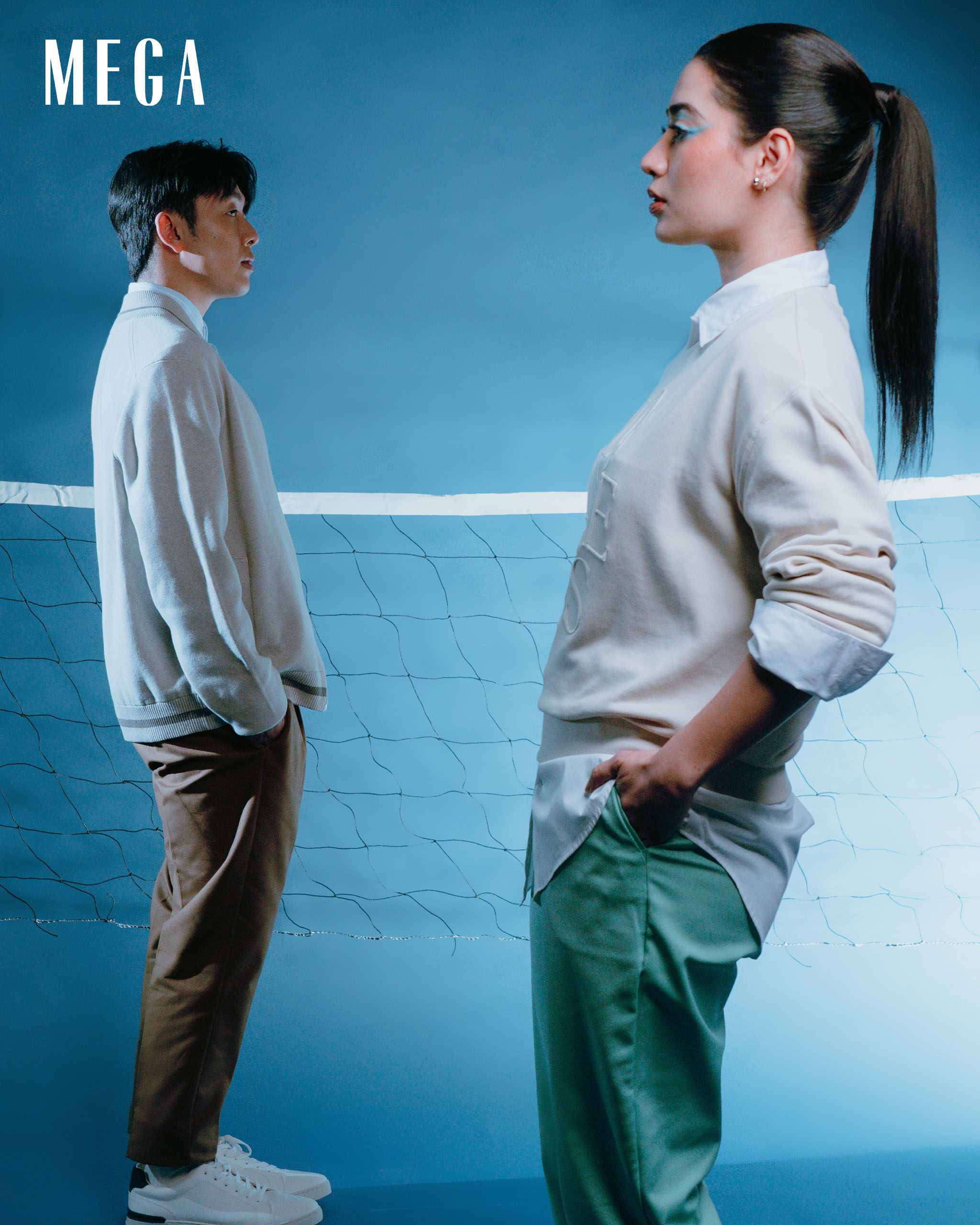 kerwin king and nicole andersson in sweatshirt, long sleeve shirt, trousers from marks and spencer collection