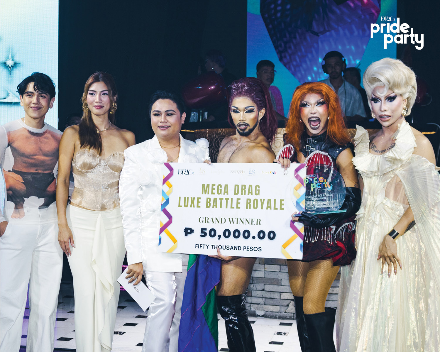MEGA Drag Pride Party Luxe Beauty Battle Royale BJ Pascual, Nicole Cordoves, Luxe Beauty and Wellness Group Chief of Staff RJ Macaraig, Bomba Ding, Felicia Ding, and Eva Le Queen