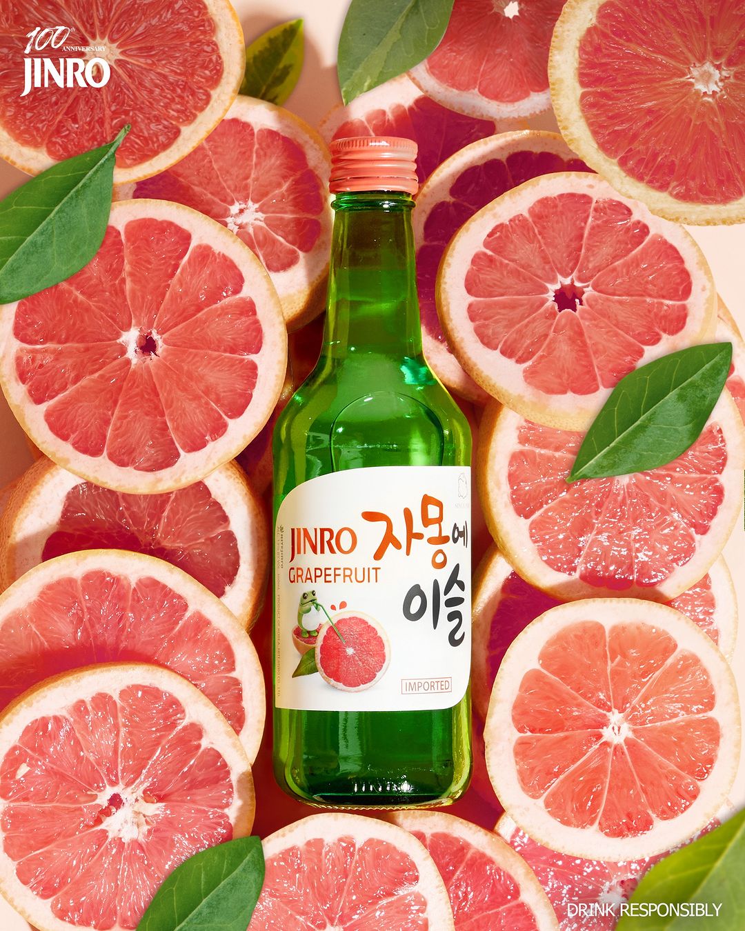 JINRO's signature green bottle: soju in grapefruit flavor