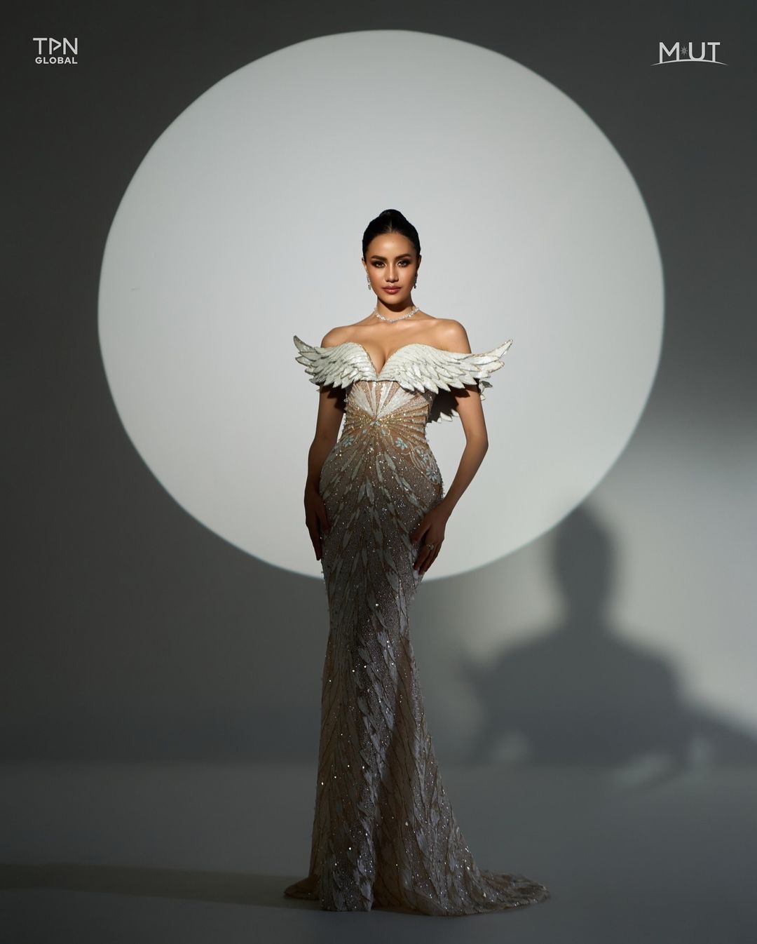 Miss Universe Thailand Opal Suchata's evening gown in the final round by Rian Fernandez. Filipino designers