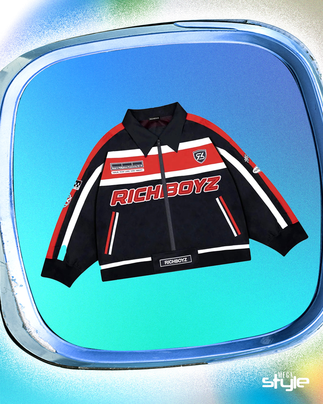 Richboyz' Racing Jacket makes a good layer with its loud design and eye-catching accents maximalist maximalism streetwear pieces design element print pattern jewelry